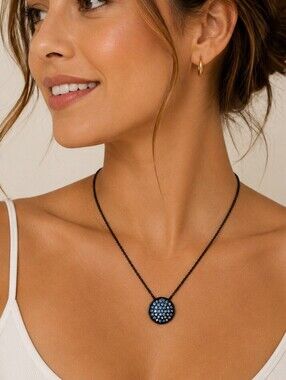 3/$30 MONET Blue Crystal Circle Pendant Gunmetal Chain Necklace FLAWED